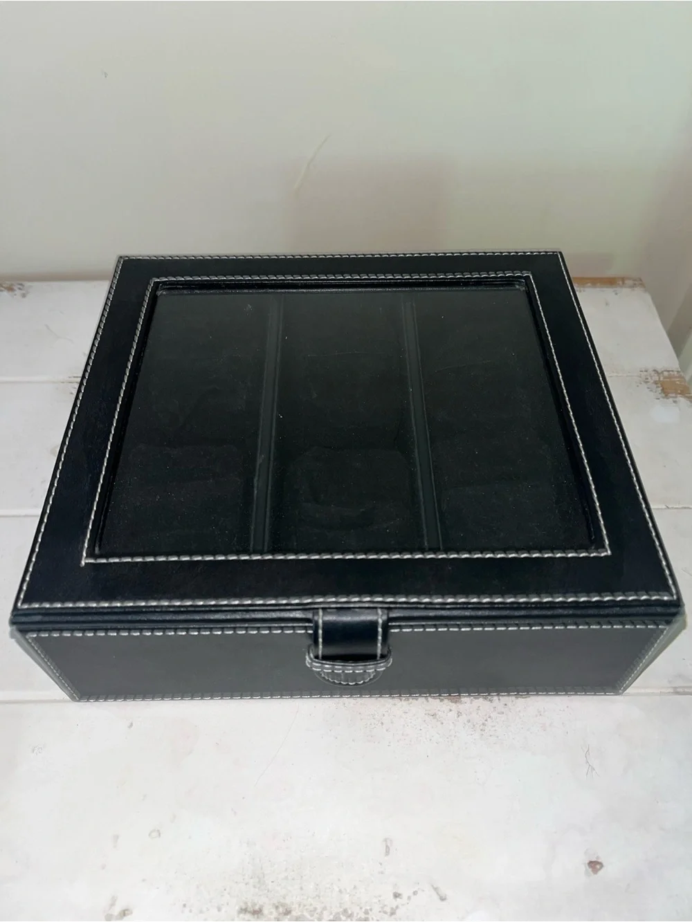 Black Leather Glass-Top Jewelry Organizer Box